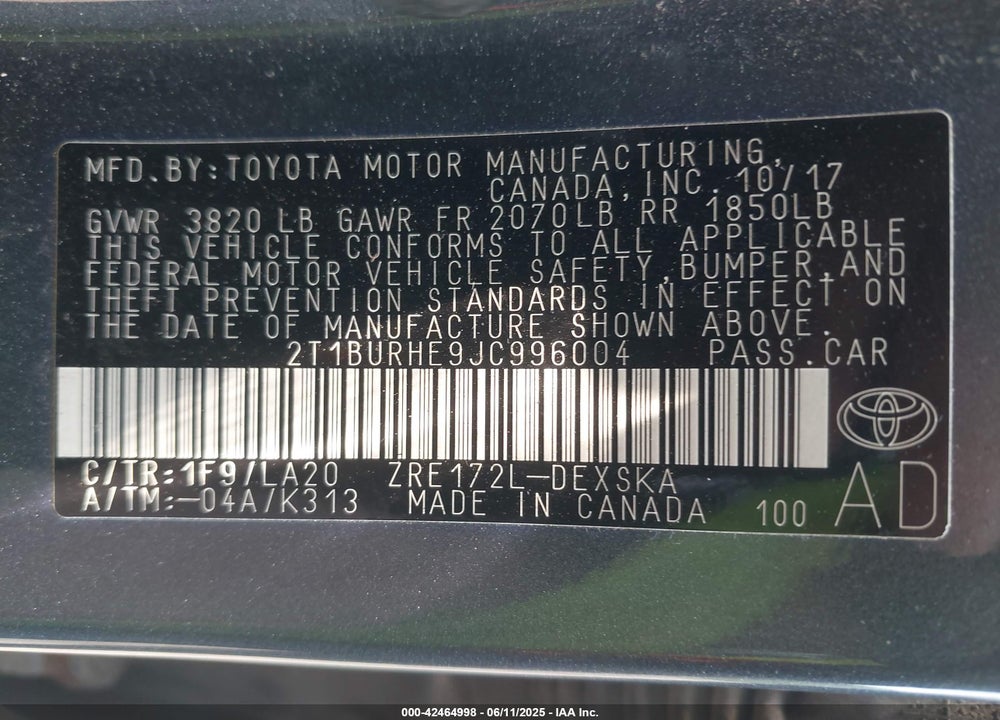 2018 TOYOTA COROLLA XSE VIN: 2T1BURHE9JC996004