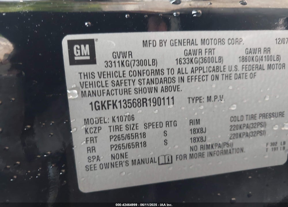 2008 GMC YUKON VIN: 1GKFK13568R190111