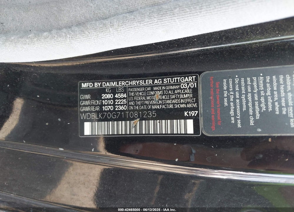 2001 MERCEDES-BENZ CLK 430 VIN: WDBLK70G71T081235