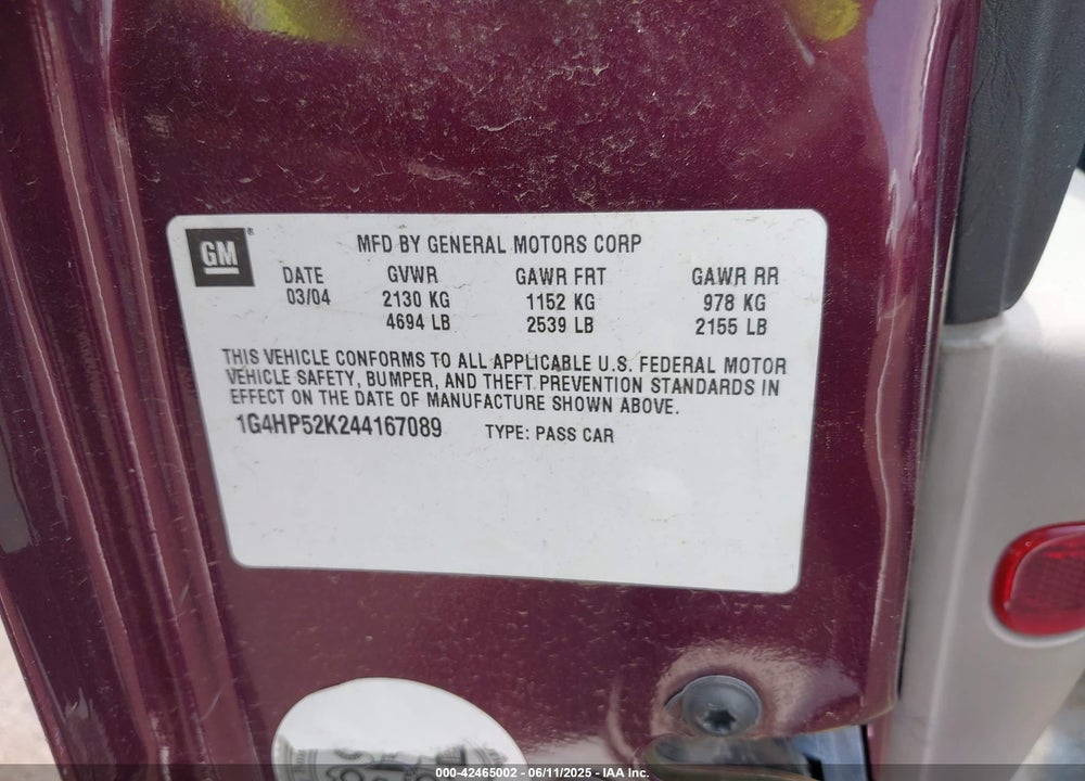 2004 BUICK LESABRE CUSTOM VIN: 1G4HP52K244167089