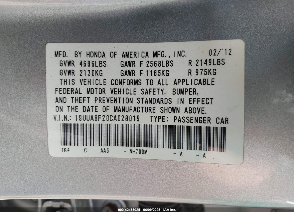 2012 ACURA TL VIN: 19UUA8F20CA028015