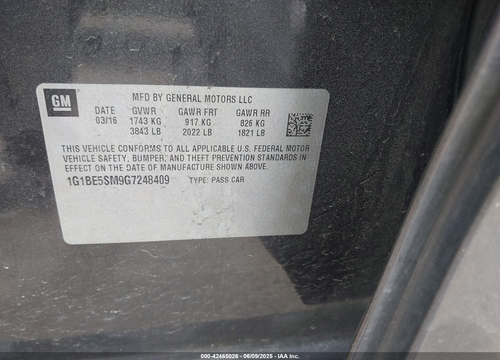 2016 CHEVROLET CRUZE VIN: 1G1BE5SM9G7248409