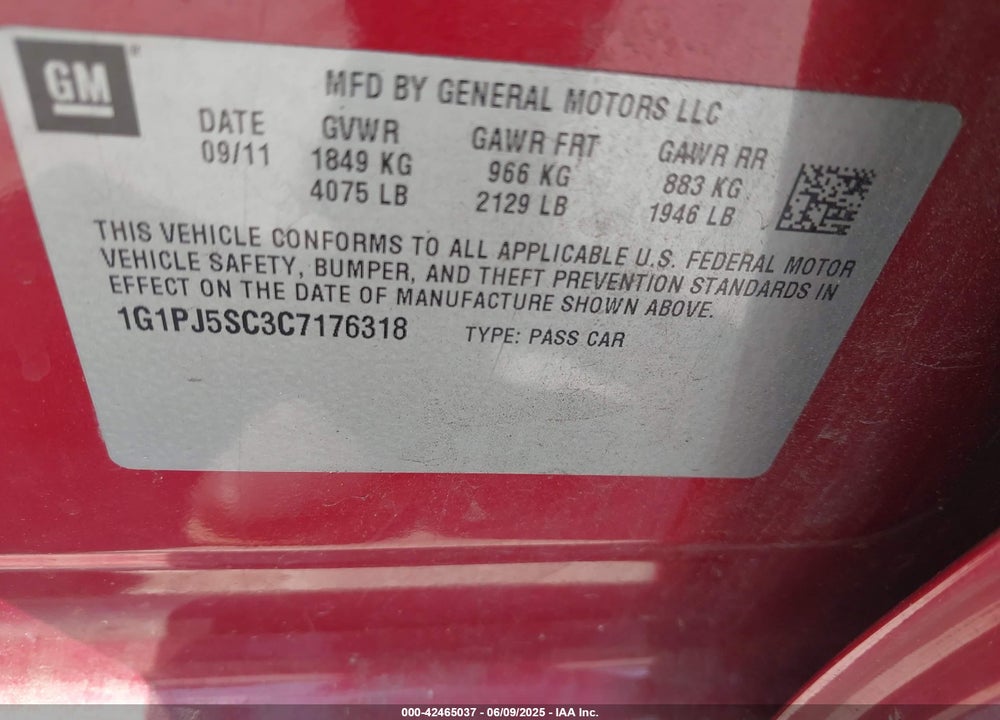 2012 CHEVROLET CRUZE VIN: 1G1PJ5SC3C7176318
