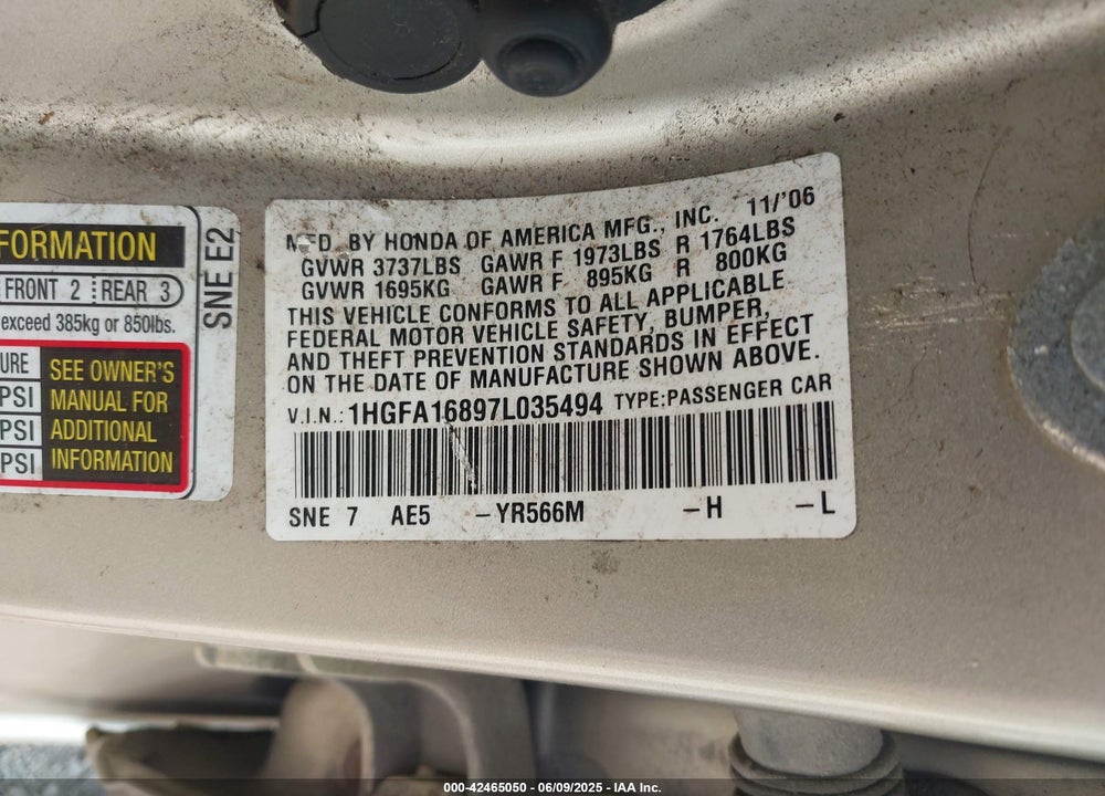 2007 HONDA CIVIC VIN: 1HGFA16897L035494