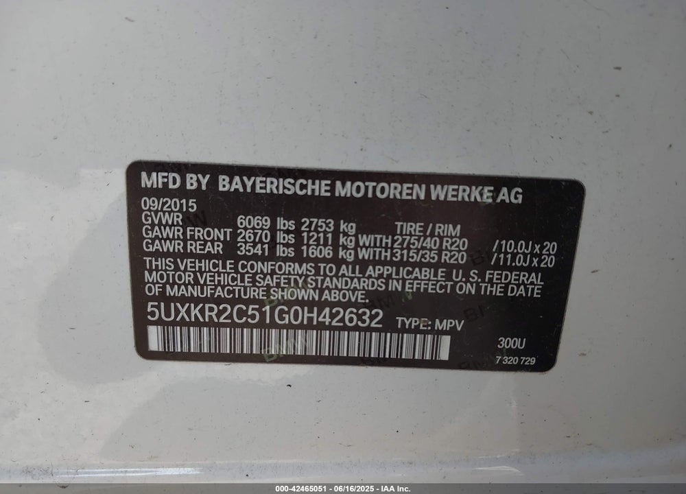 2016 BMW X5 VIN: 5UXKR2C51G0H42632