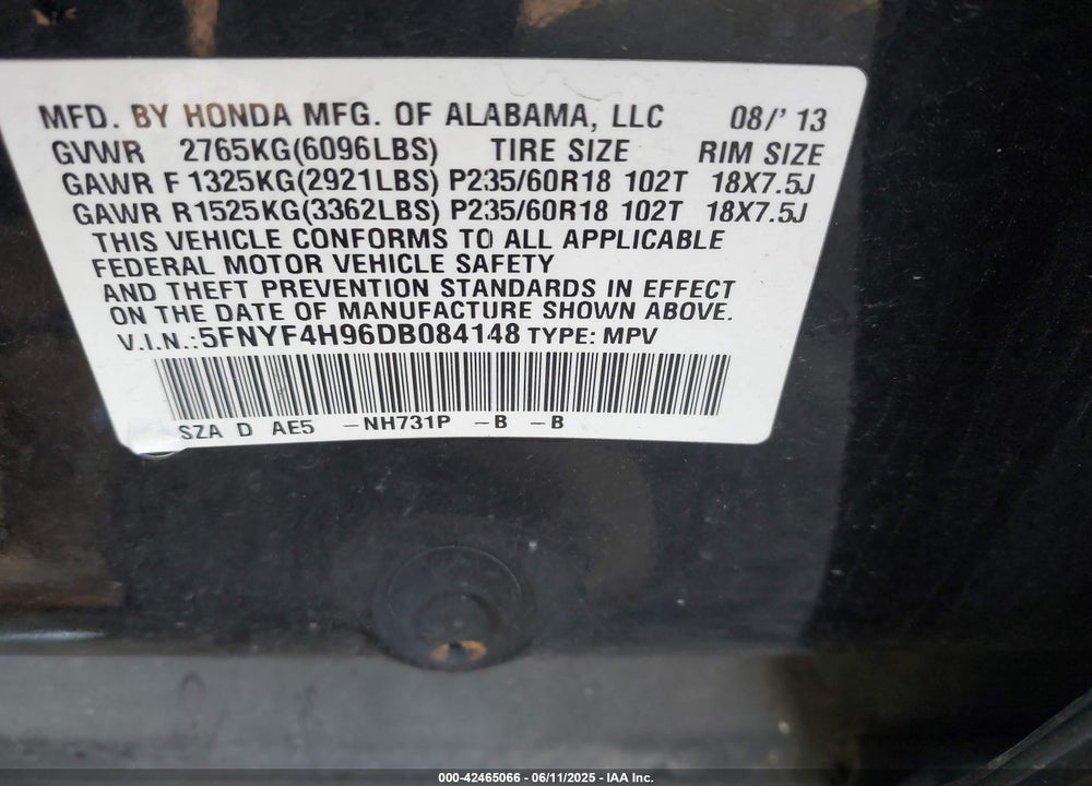 2013 HONDA PILOT TOURING VIN: 5FNYF4H96DB084148