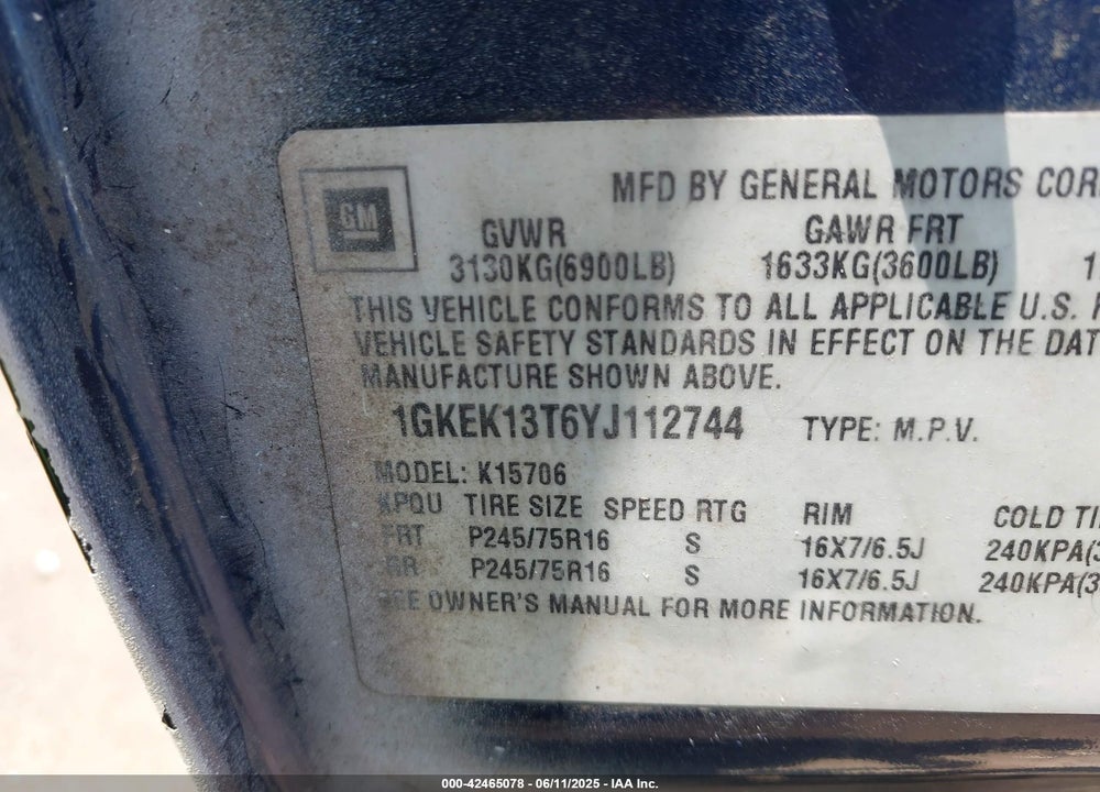 2000 GMC YUKON VIN: 1GKEK13T6YJ112744