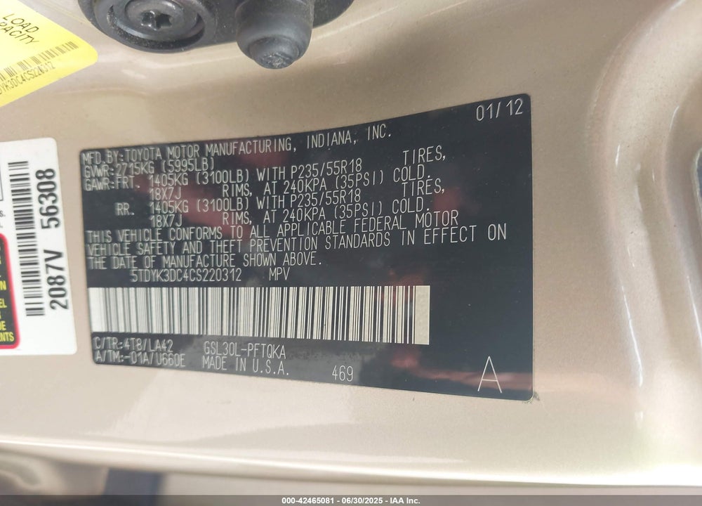 2012 TOYOTA SIENNA LIMITED V6 7 PASSENGER VIN: 5TDYK3DC4CS220312