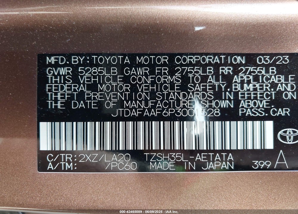 2023 TOYOTA CROWN PLATINUM VIN: JTDAFAAF6P3001528