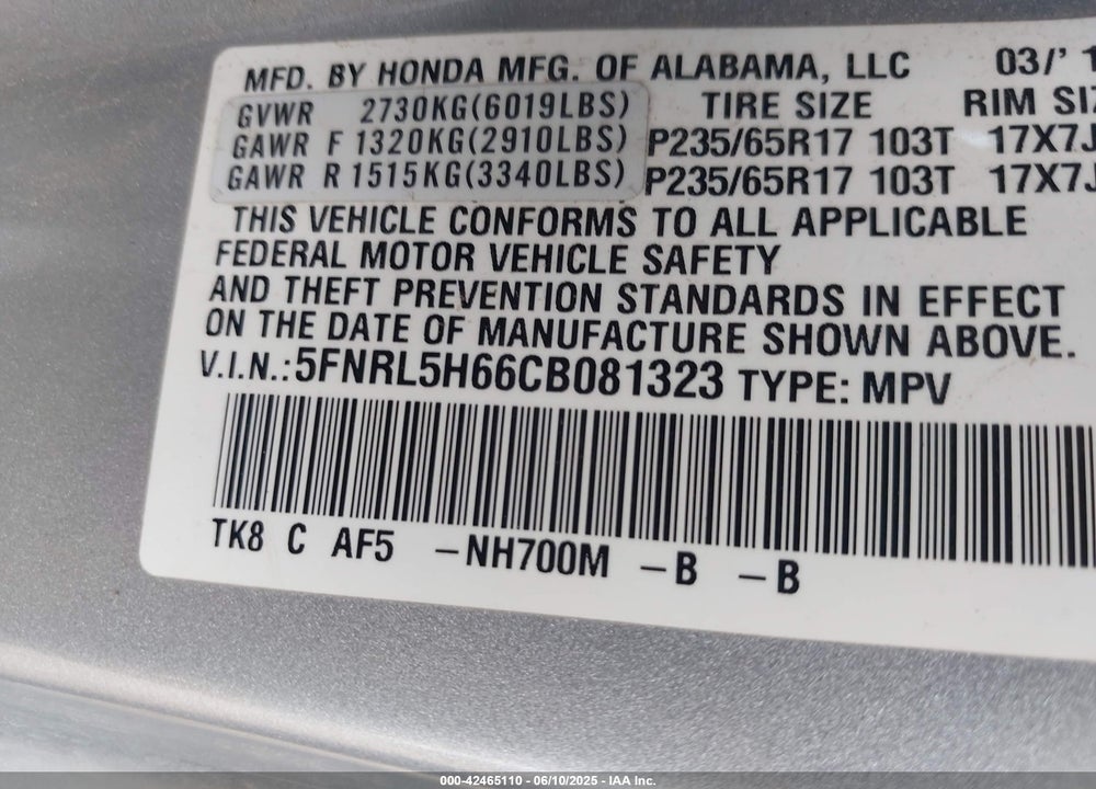 2012 HONDA ODYSSEY EX-L VIN: 5FNRL5H66CB081323