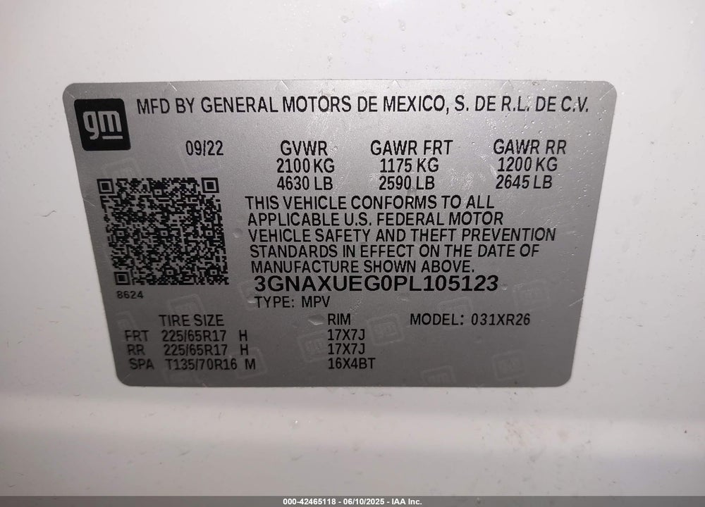 2023 CHEVROLET EQUINOX VIN: 3GNAXUEG0PL105123