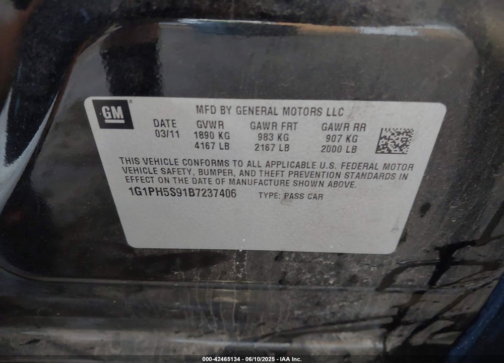 2011 CHEVROLET CRUZE VIN: 1G1PH5S91B7237406