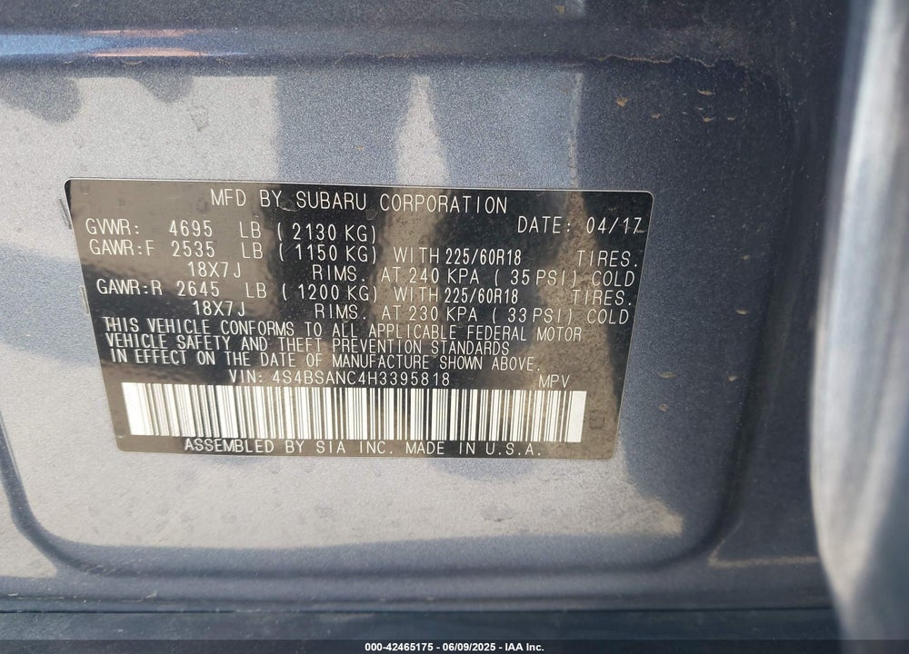 2017 SUBARU OUTBACK 2.5I LIMITED VIN: 4S4BSANC4H3395818