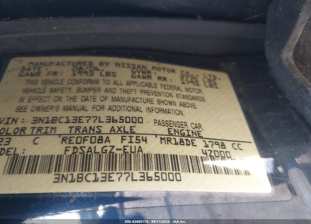 2007 NISSAN VERSA VIN: 3N1BC13E77L365000