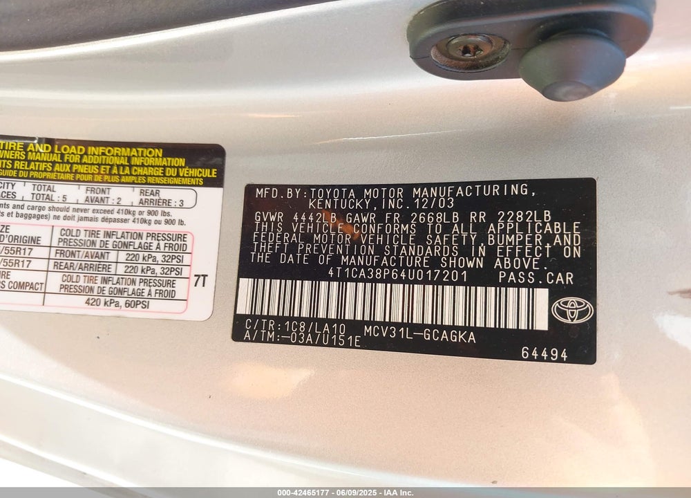 2004 TOYOTA CAMRY SOLARA VIN: 4T1CA38P64U017201