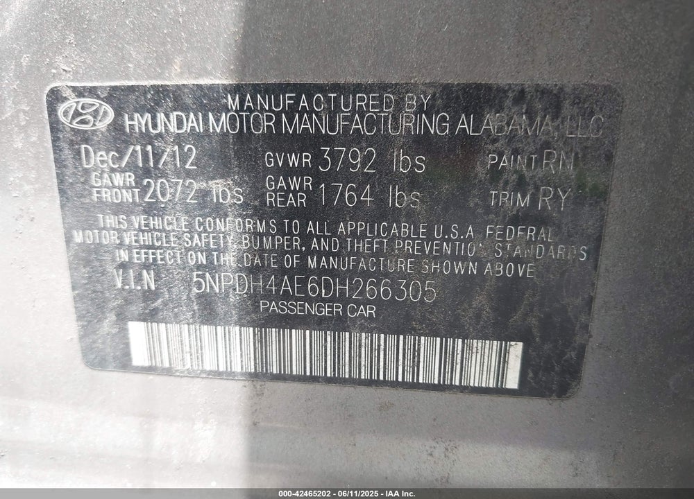 2013 HYUNDAI ELANTRA LIMITED VIN: 5NPDH4AE6DH266305