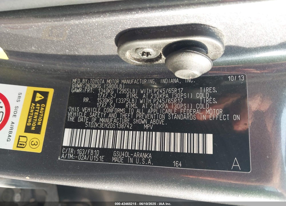 2013 TOYOTA HIGHLANDER VIN: 5TDZK3EH2DS138742