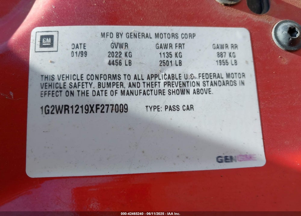 1999 PONTIAC GRAND PRIX GTP VIN: 1G2WR1219XF277009