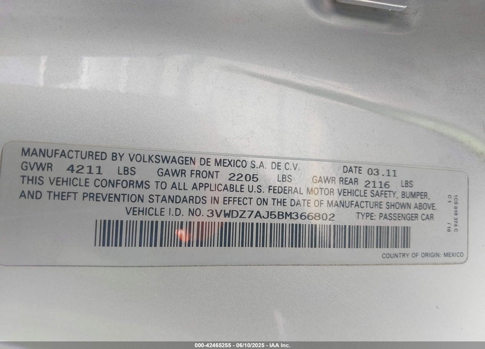 2011 VOLKSWAGEN JETTA VIN: 3VWDZ7AJ5BM366802