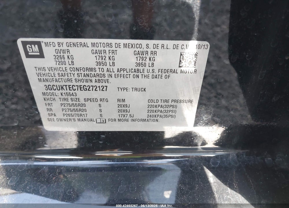 2014 CHEVROLET SILVERADO 1500 HIGH COUNTRY VIN: 3GCUKTEC7EG272127