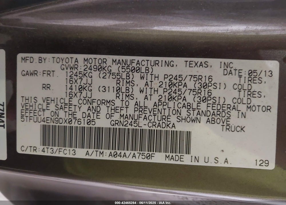 2013 TOYOTA TACOMA BASE V6 VIN: 5TFUU4EN9DX076105