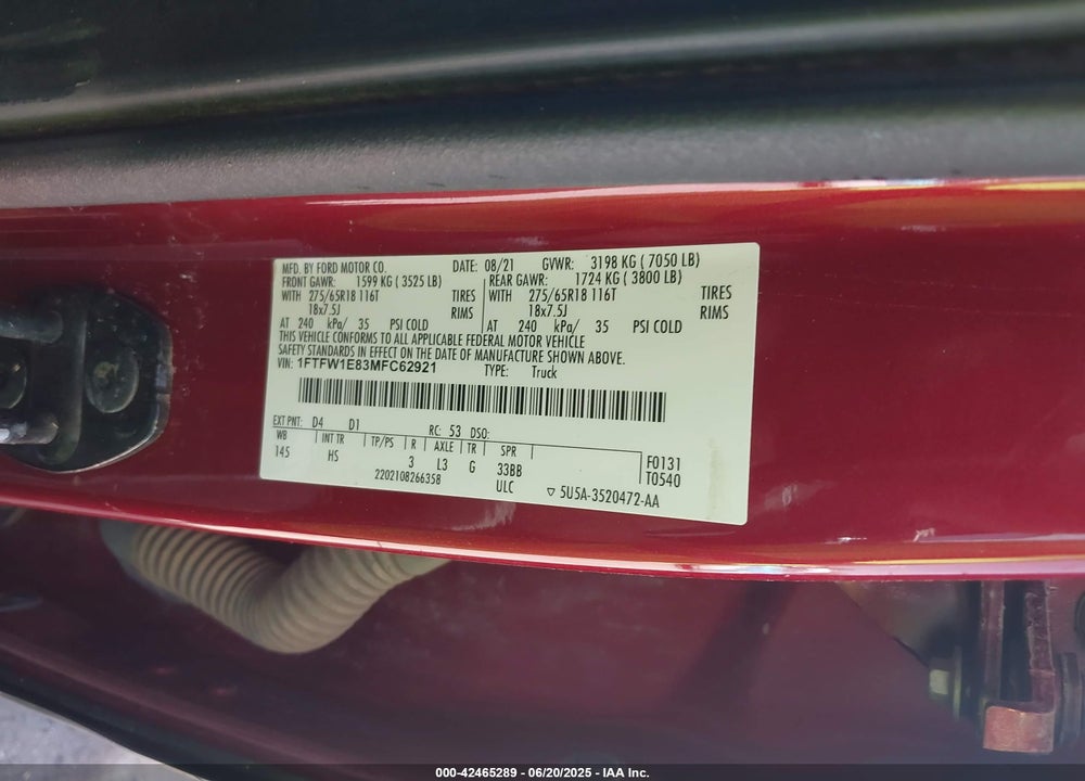 2021 FORD F-150 VIN: 1FTFW1E83MFC62921