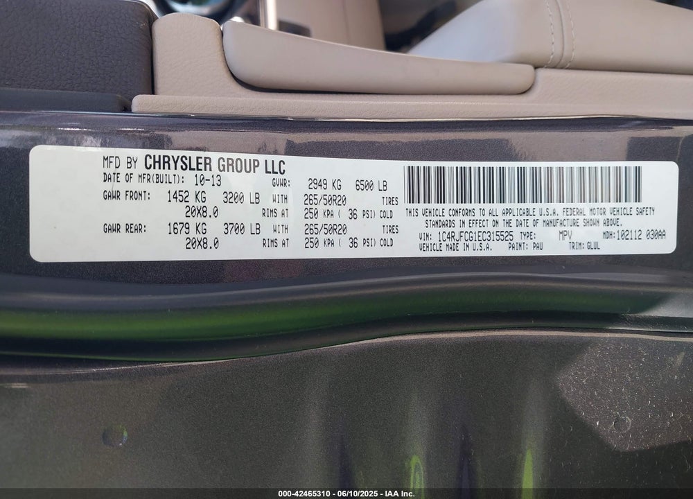 2014 JEEP GRAND CHEROKEE VIN: 1C4RJFCG1EC315525