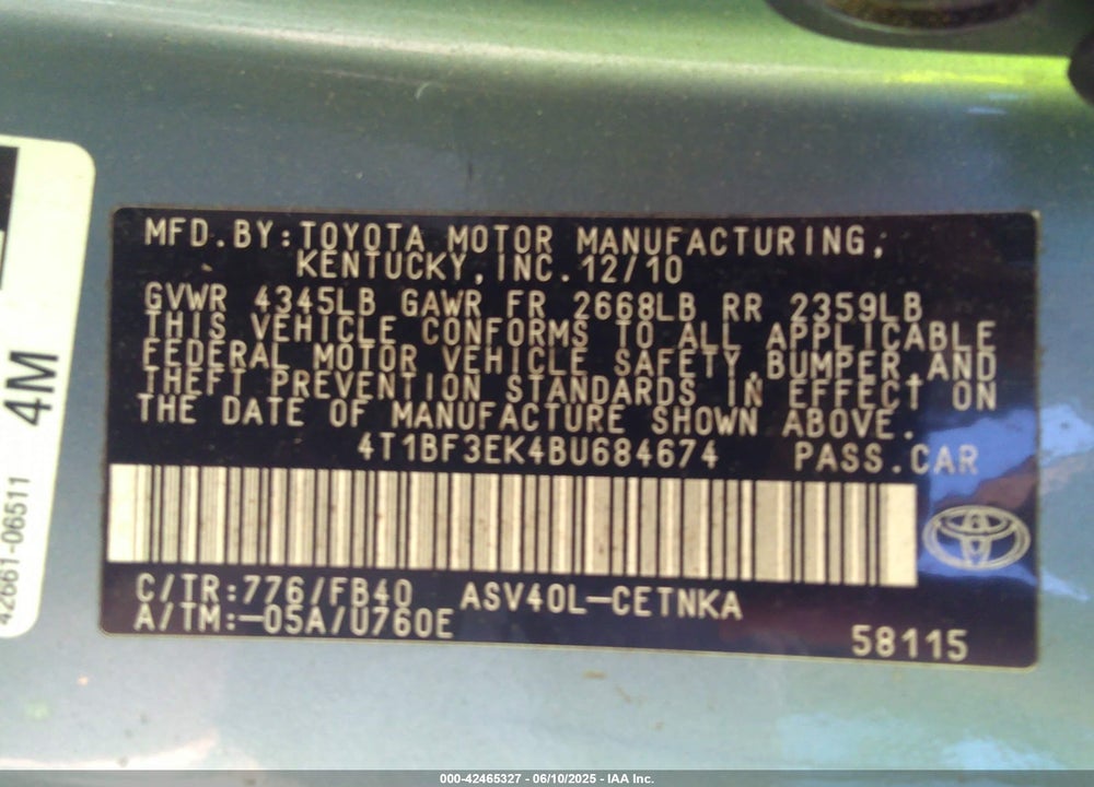 2011 TOYOTA CAMRY VIN: 4T1BF3EK4BU684674