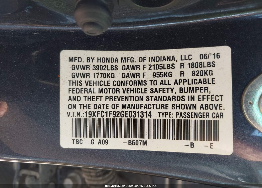 2016 HONDA CIVIC VIN: 19XFC1F92GE031314