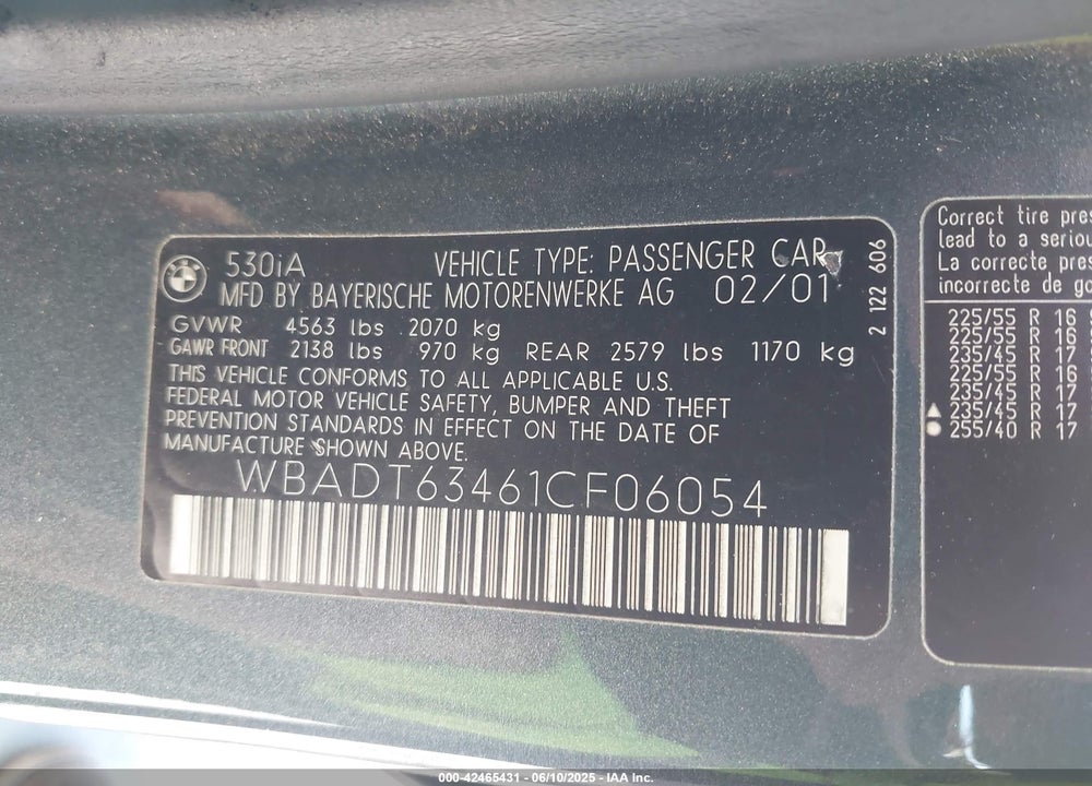 2001 BMW 530IA VIN: WBADT63461CF06054