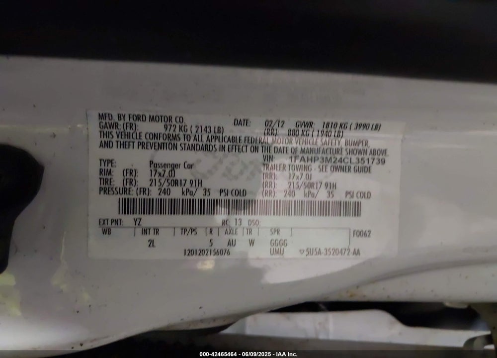 2012 FORD FOCUS SEL VIN: 1FAHP3M24CL351739