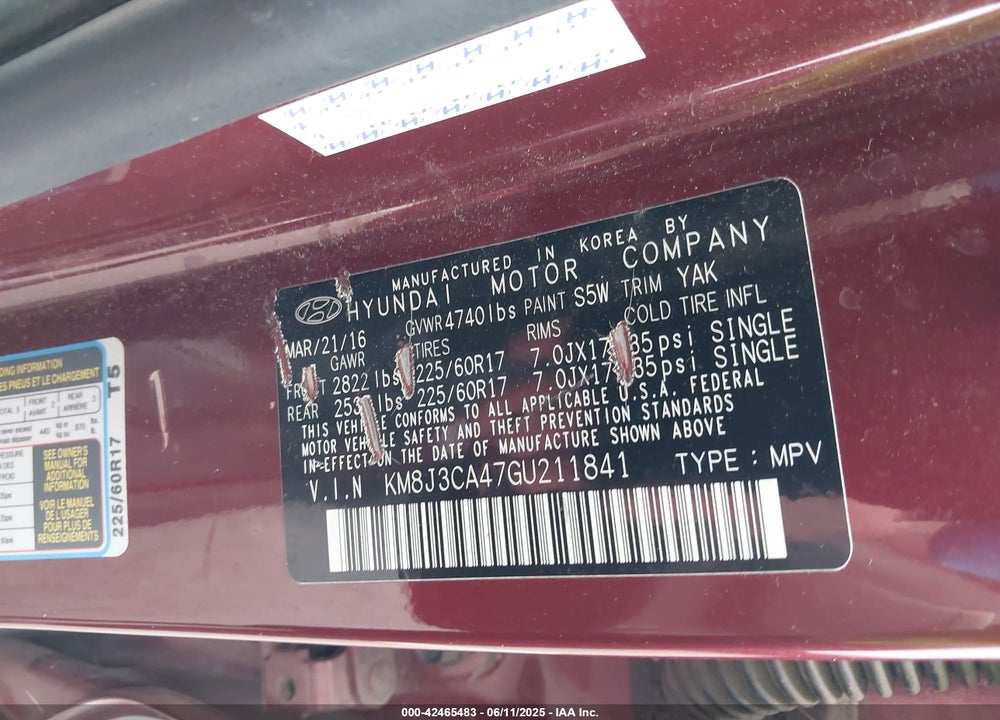 2016 HYUNDAI TUCSON SE VIN: KM8J3CA47GU211841