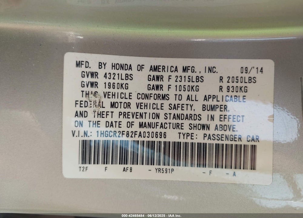 2015 HONDA ACCORD VIN: 1HGCR2F82FA030696