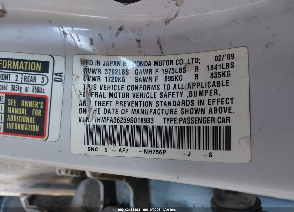 2009 HONDA CIVIC HYBRID VIN: JHMFA36259S018933