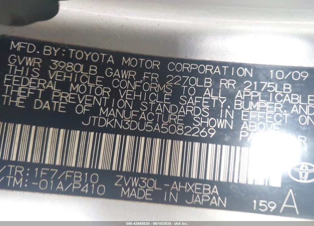 2010 TOYOTA PRIUS VIN: JTDKN3DU5A5082269