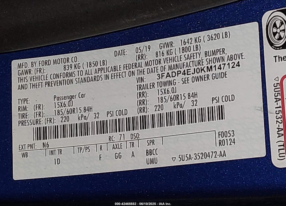 2019 FORD FIESTA VIN: 3FADP4EJ0KM147124