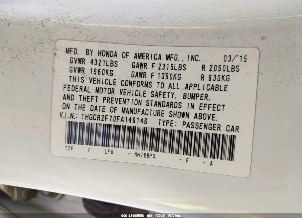 2015 HONDA ACCORD EX VIN: 1HGCR2F70FA146146