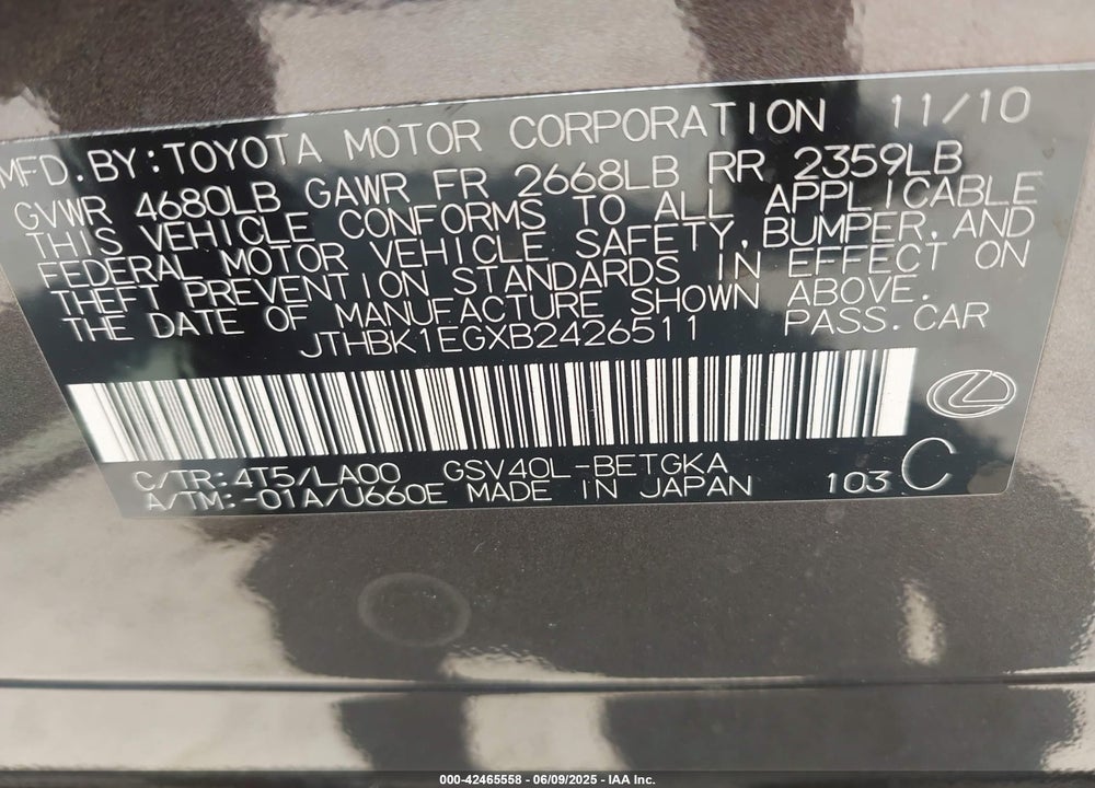 2011 LEXUS ES VIN: JTHBK1EGXB2426511