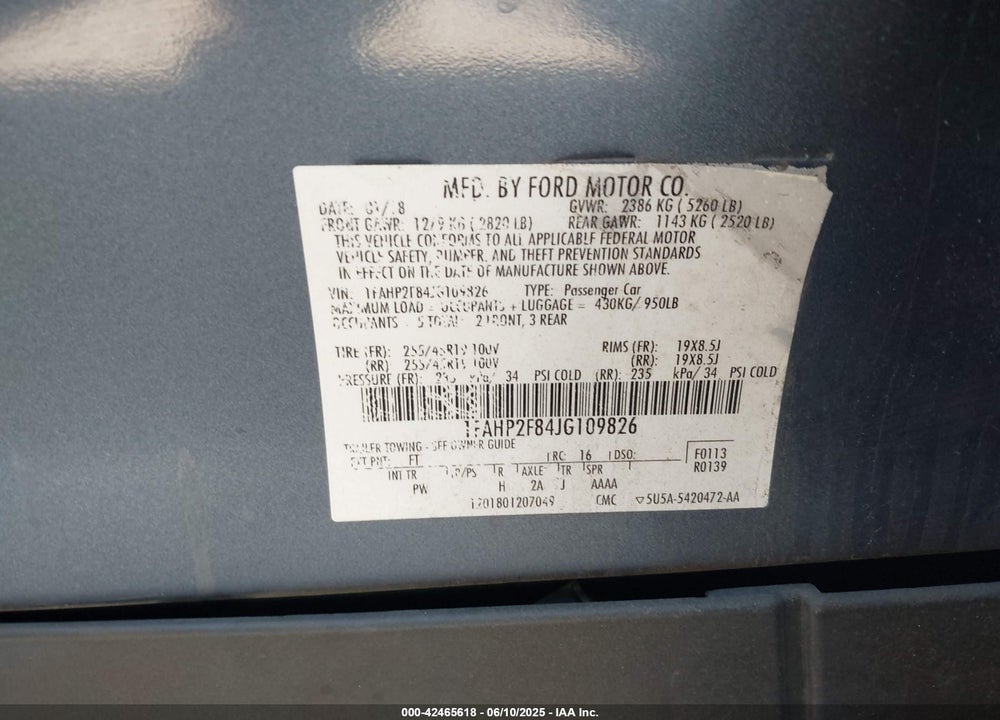 2018 FORD TAURUS VIN: 1FAHP2F84JG109826