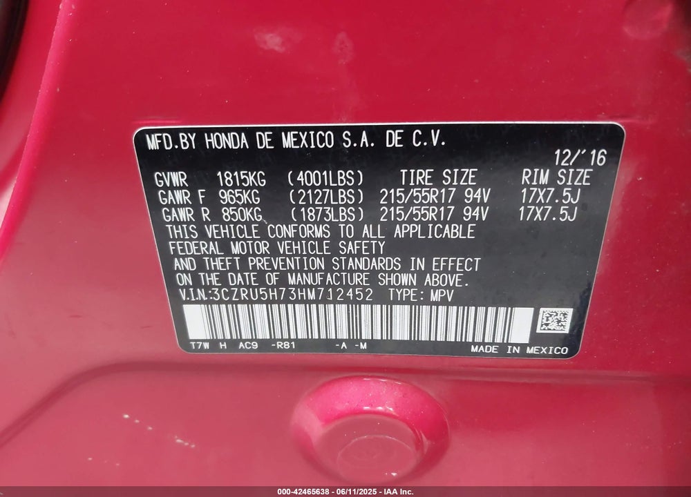 2017 HONDA HR-V VIN: 3CZRU5H73HM712452