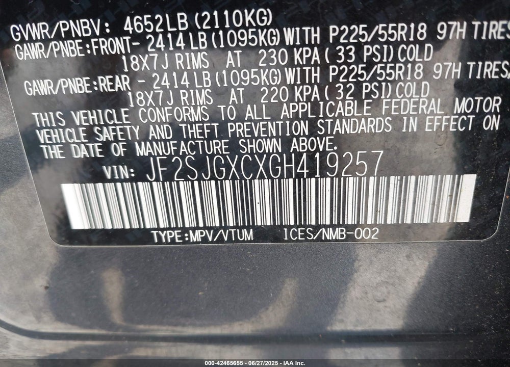 2016 SUBARU FORESTER VIN: JF2SJGXCXGH419257