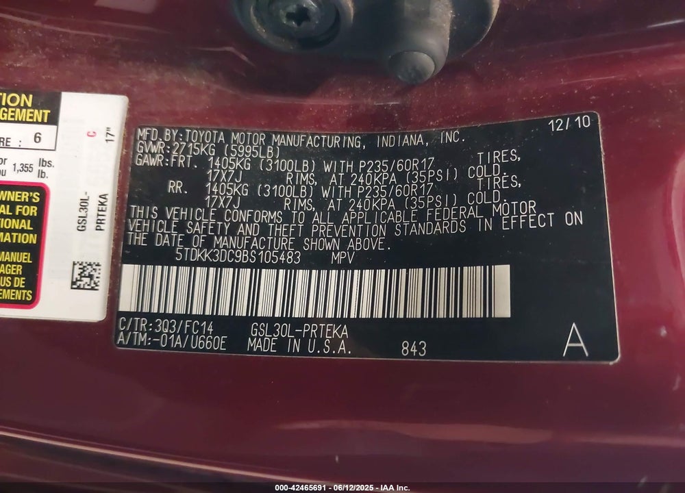 2011 TOYOTA SIENNA LE V6 VIN: 5TDKK3DC9BS105483