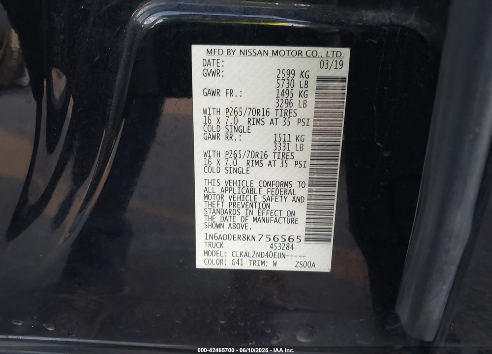 2019 NISSAN FRONTIER VIN: 1N6AD0ER8KN756565