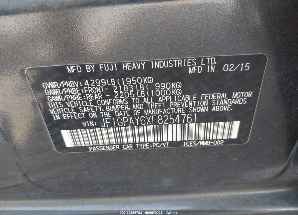 2015 SUBARU IMPREZA 2.0I SPORT PREMIUM VIN: JF1GPAY6XF8254761