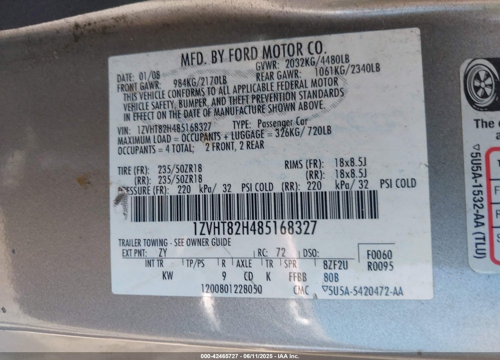 2008 FORD MUSTANG VIN: 1ZVHT82H485168327