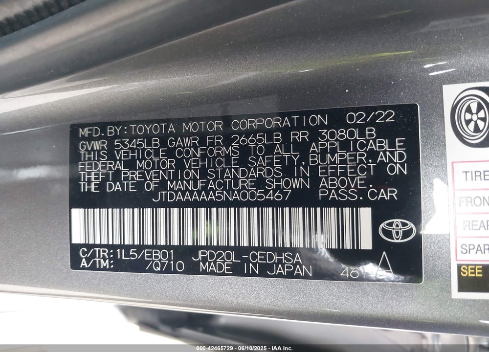 2022 TOYOTA MIRAI VIN: JTDAAAAA5NA005467