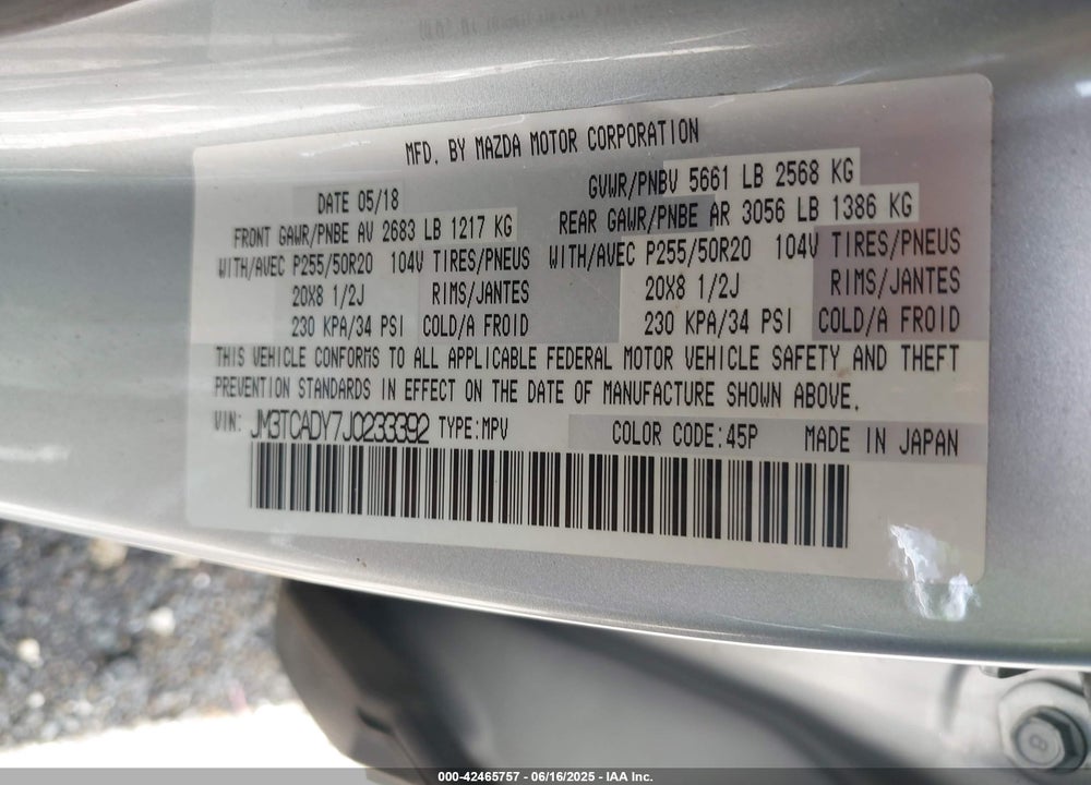 2018 MAZDA CX-9 VIN: JM3TCADY7J0233392