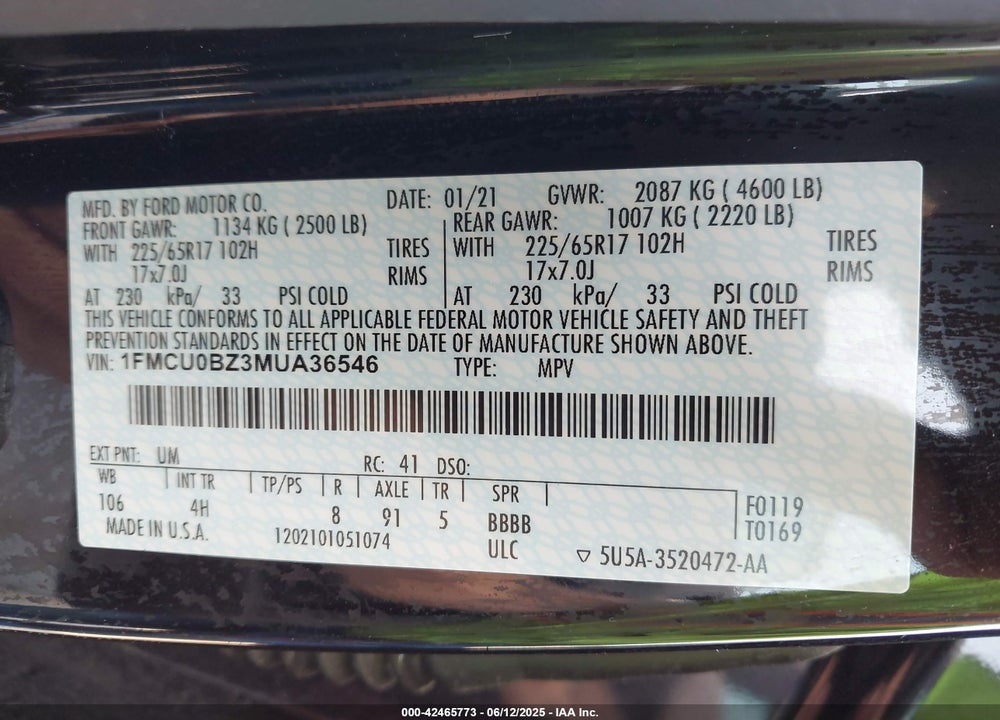 2021 FORD ESCAPE VIN: 1FMCU0BZ3MUA36546