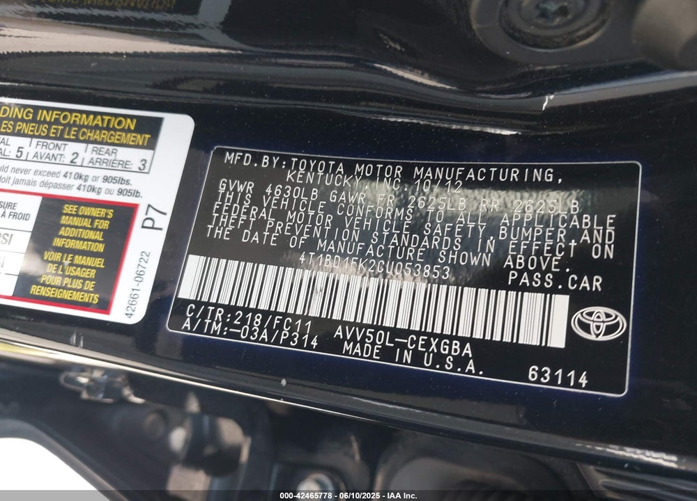 2012 TOYOTA CAMRY HYBRID VIN: 4T1BD1FK2CU053853
