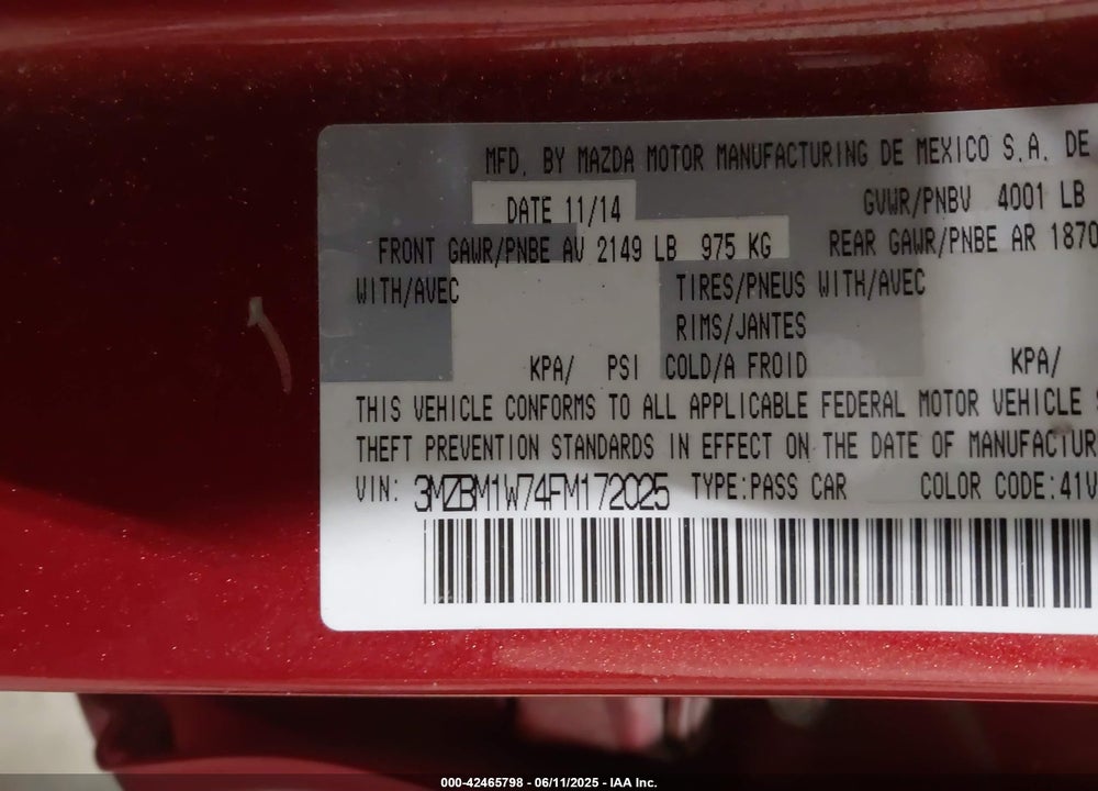 2015 MAZDA 3 VIN: 3MZBM1W74FM172025